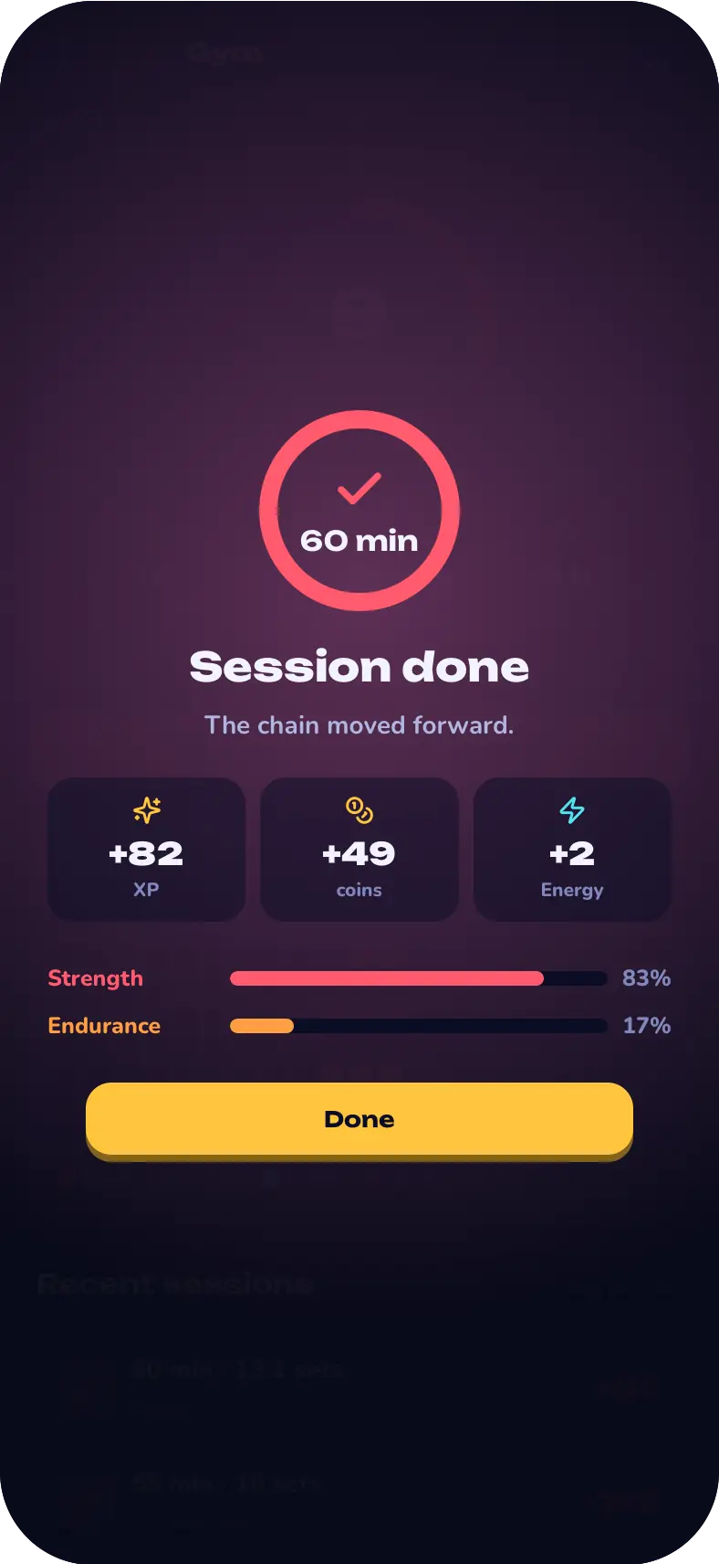 Session done after 60 minutes: 82 XP, 49 coins and 2 energy, split 83% Strength and 17% Endurance