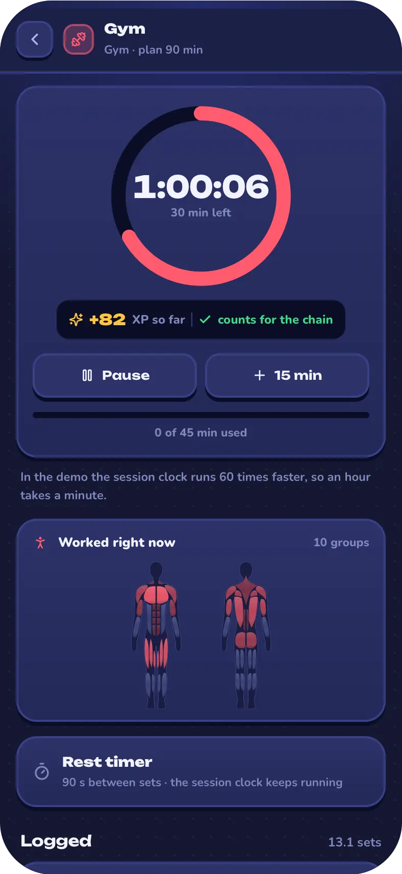 Gym session with the timer at 1:00:06, 82 XP earned so far, Pause and add 15 minutes buttons and a body map of the muscles worked