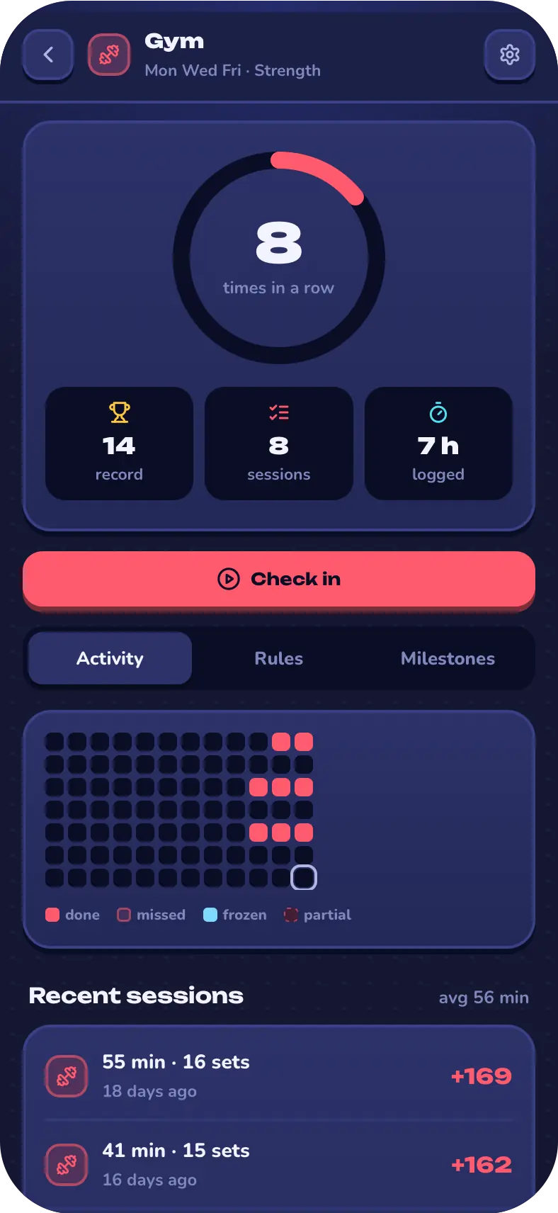Gym vow page: 8 times in a row, record 14, 8 sessions, 7 hours logged, a Check in button and an activity grid of past days