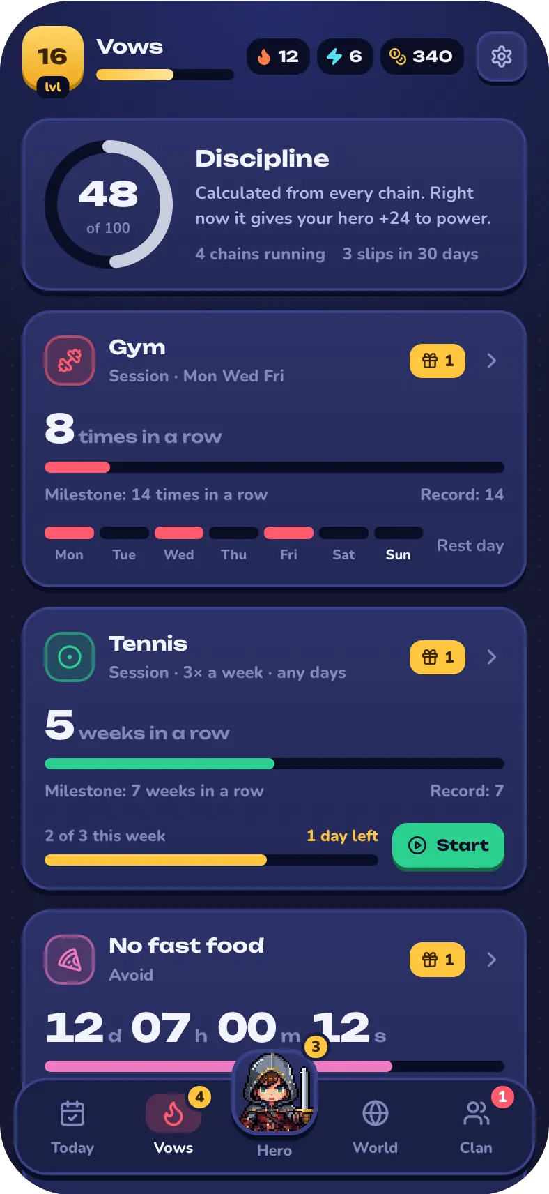 Vows screen with a discipline score of 48, a Gym vow kept 8 times in a row, a Tennis vow at 5 weeks in a row and a No fast food timer at 12 days